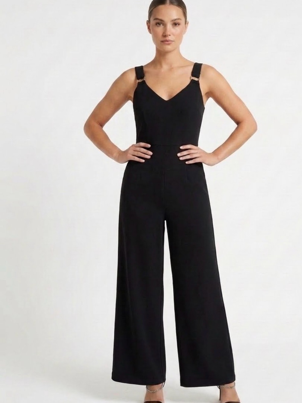 Bar III Black V-Neck Wide-Leg Jumpsuit with Buckle Straps